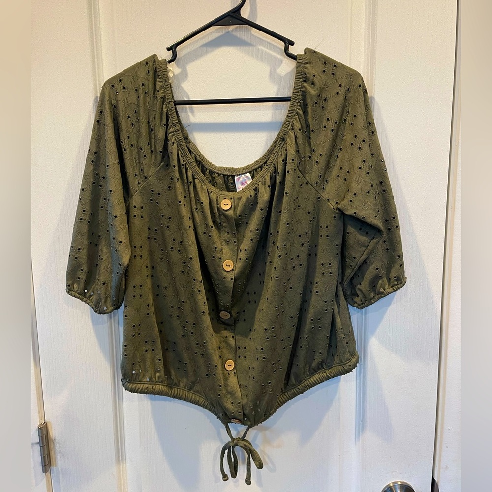 No Boundaries Perforated Drawstring Blouse with Wooden Button Design Olive Green